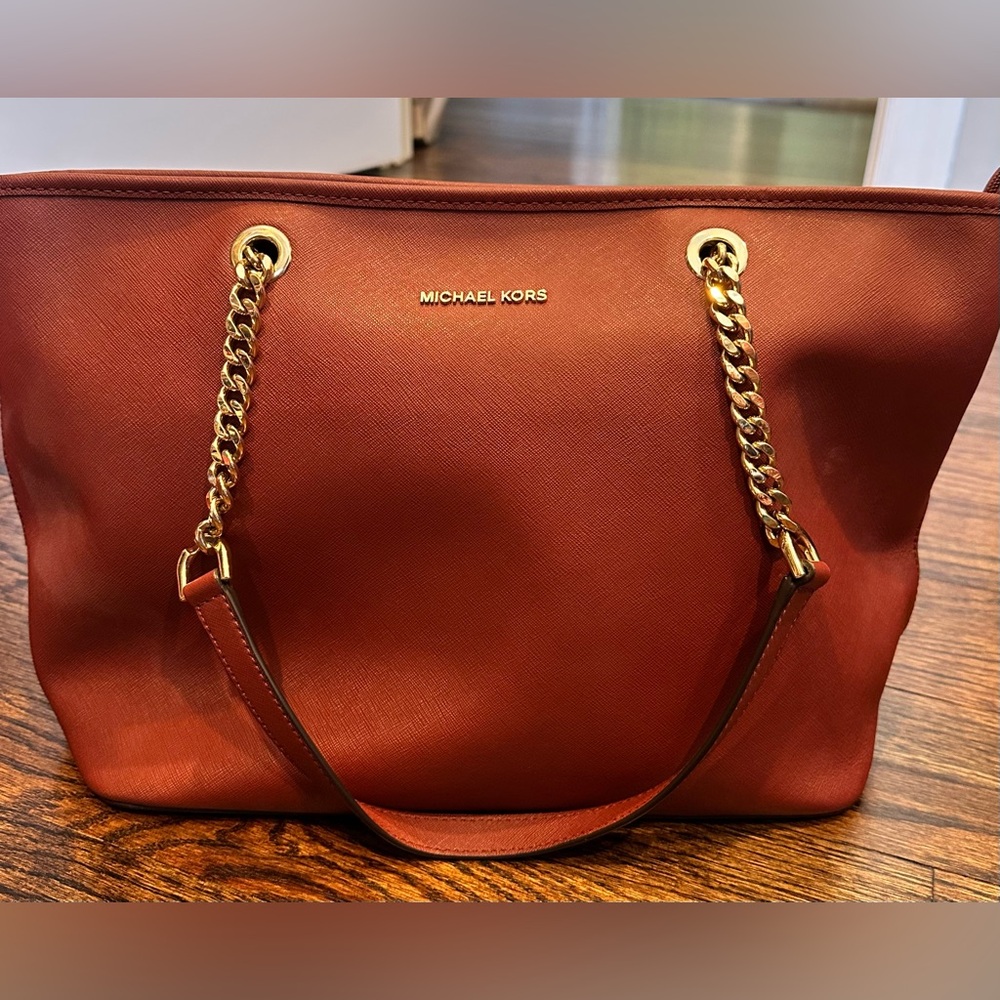 Michael Kors Brick Red Tote with Gold Accents